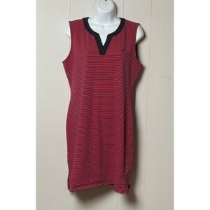 Nautica Women's Red Navy Blue Striped Sleeveless V-Neck Shift Dress Size Large